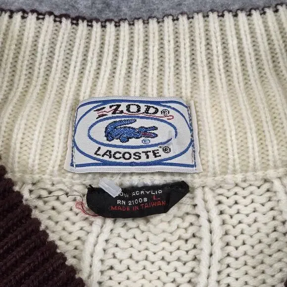 VTG IZOD Lacoste Sweater Mens Large White Cable Knit V Neck Tennis Pullover 80s